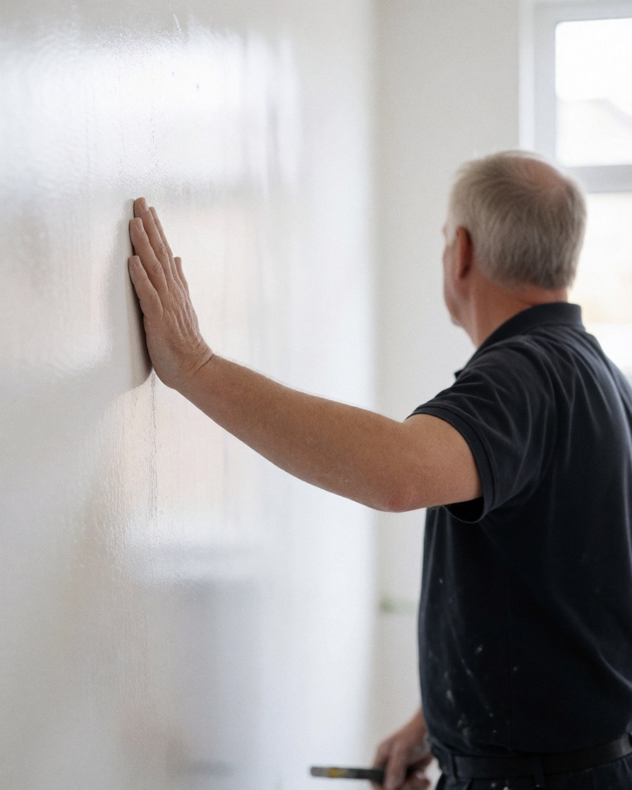 Un homme adulte touche avec sa main un mur blanc fraîchement enduit, éclairé par la lumière naturelle, montrant la finition finale du travail.
