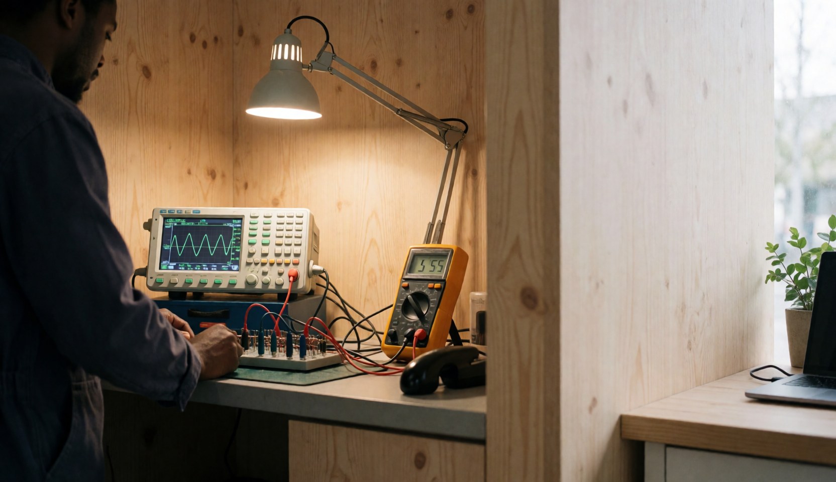Technicien de réparation électronique ajuste un circuit avec un oscilloscope et un multimètre dans un atelier aux murs en bois et à l'éclairage de travail.