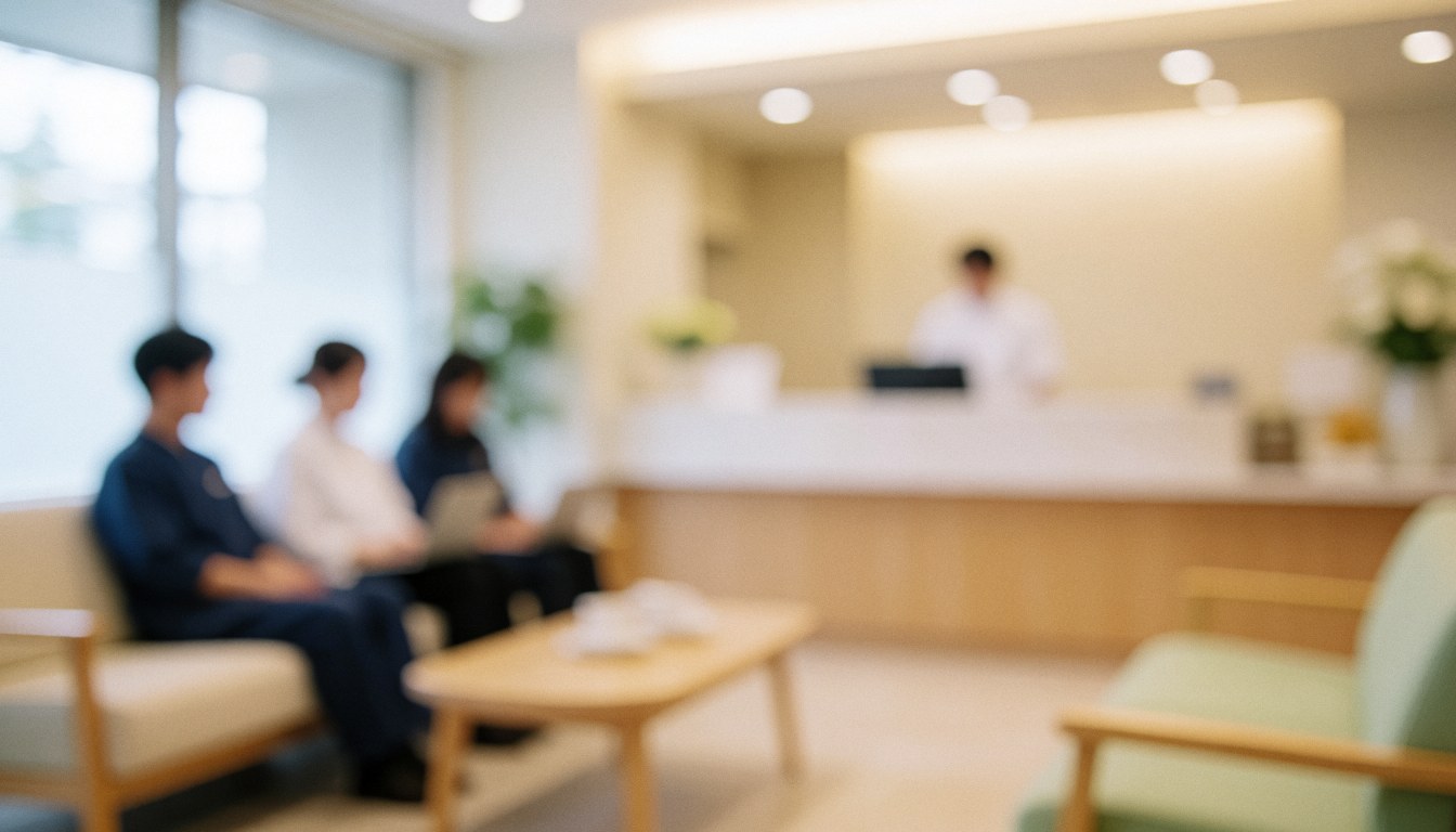 Fond d'attente clinique avec bokeh doux, montrant un comptoir de réception, des chaises confortables et une lumière chaude, idéal pour les textes.
