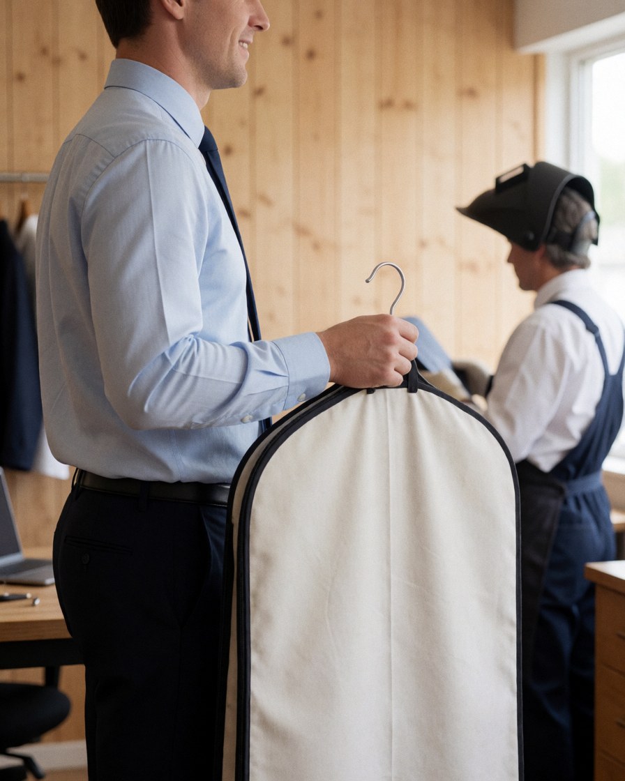 Une cliente souriante tient un sac de linge dans un atelier de réparation avec des murs en bois et des outils de couture visibles.