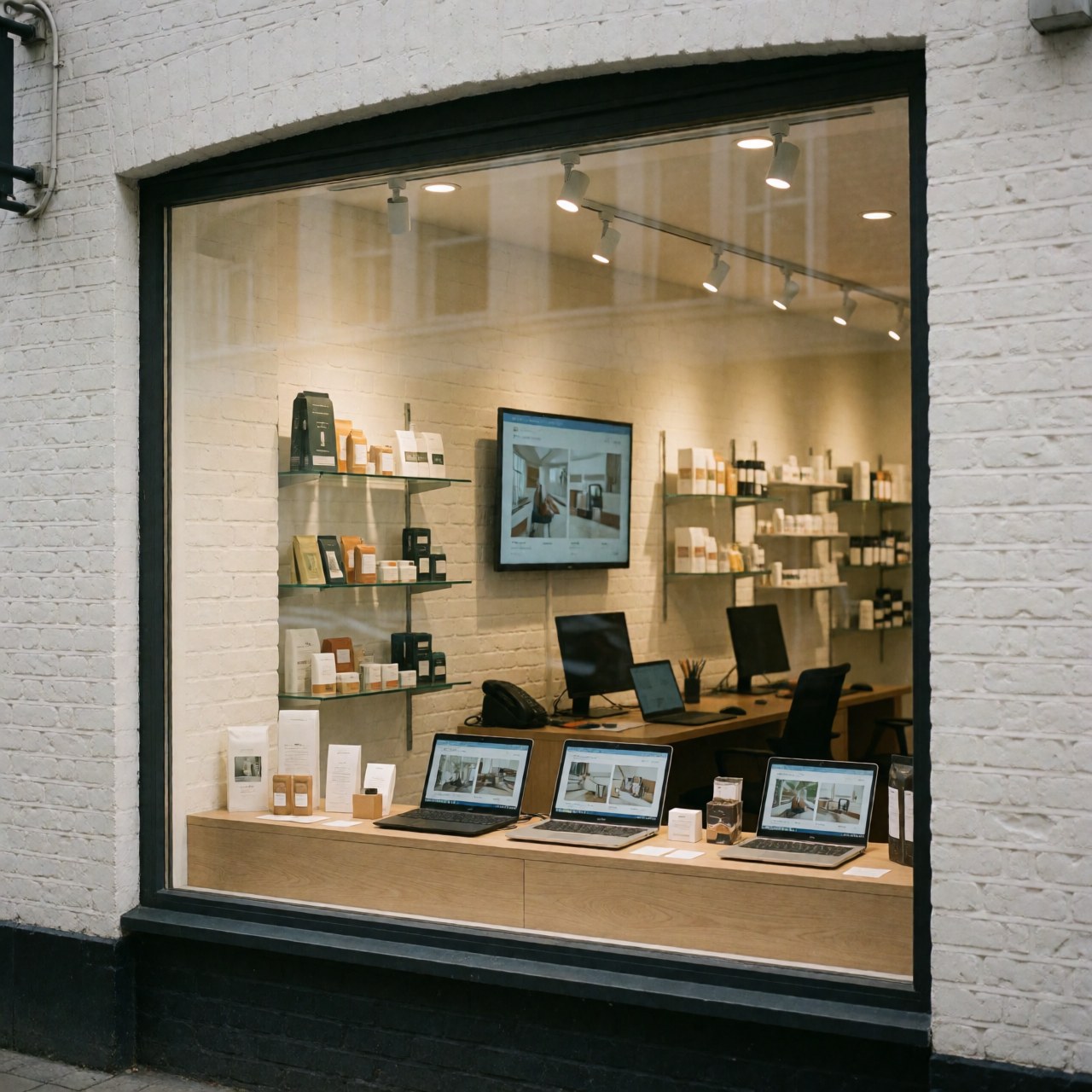 Vitrine de magasin de nettoyage avec des produits sur des étagères et des ordinateurs portables sur le comptoir, murs en briques blanches et éclairage chaleureux.