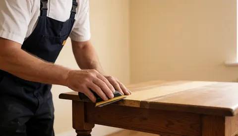 Une main tenant du papier abrasif sur une table en bois avec un mur beige en arrière-plan, idéal pour la restauration de meubles.