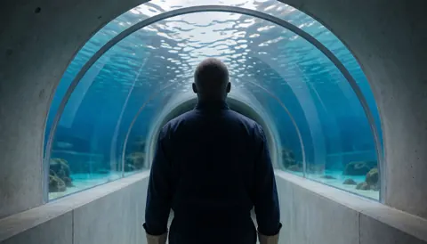 Vue d'une personne marchant dans un tunnel aquatique incurvé, regardant l'eau bleue et les roches sous-marines dans un aquarium moderne.