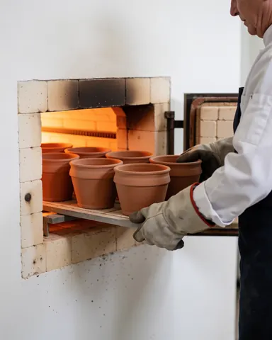 Une personne portant des gants de protection retire des pots en terre cuite d'un four de céramique dans un atelier avec des murs blancs.