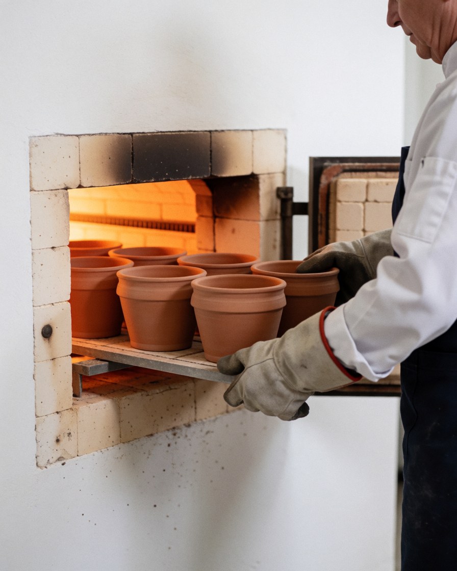 Une personne portant des gants de protection retire des pots en terre cuite d'un four de céramique dans un atelier avec des murs blancs.