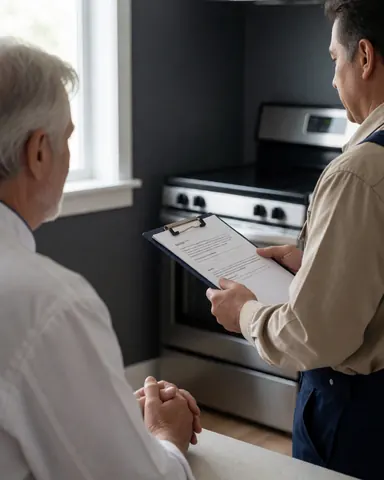 Un technicien avec un porte-documents examine un four en acier inoxydable dans une cuisine moderne aux murs gris et à la lumière naturelle.