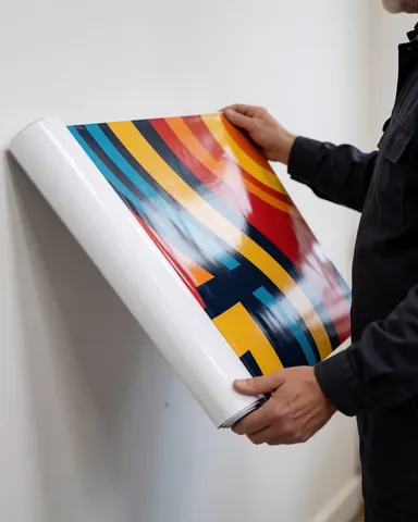 Un homme en tenue de travail tient un vinyle au design coloré devant un mur blanc avec des reflets visibles pour un service d'impression textile.