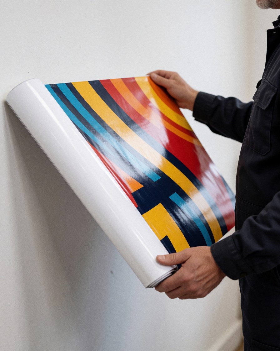 Un homme en tenue de travail tient un vinyle au design coloré devant un mur blanc avec des reflets visibles pour un service d'impression textile.