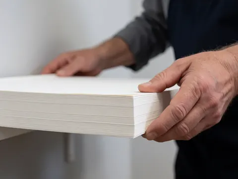 Mains d'adulte tenant une pile de papier blanc sur fond gris clair, détail net du bord, idéal pour une imprimante ou un service de copie.