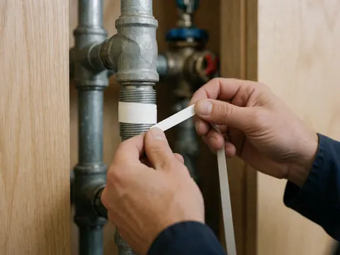 Des mains de réparateur appliquent du ruban PTFE sur une tuyauterie galvanisée, avec des outils et des murs en bois en arrière-plan.