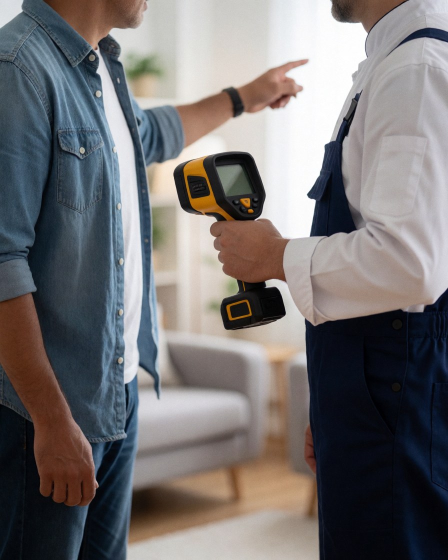Un technicien examine un mur avec une caméra thermique tandis qu'un client indique un problème dans un intérieur moderne et lumineux.