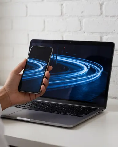Une main tenant un smartphone à côté d'un ordinateur portable affichant la même image bleue, sur un fond de mur de briques blanches, évoquant une comparaison de dispositifs technologiques.
