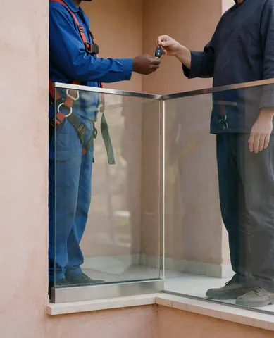 Un ouvrier en harnais remet une clé à un client sur un balcon avec garde-corps en verre et murs en terre cuite.