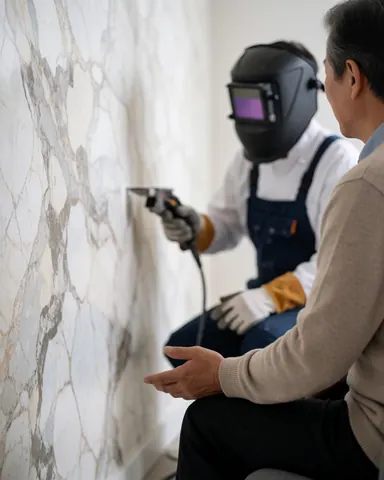 Une cliente observe un mur avec un fini en marbre pendant qu'un travailleur applique une technique avec un outil, dans une scène propre et professionnelle.