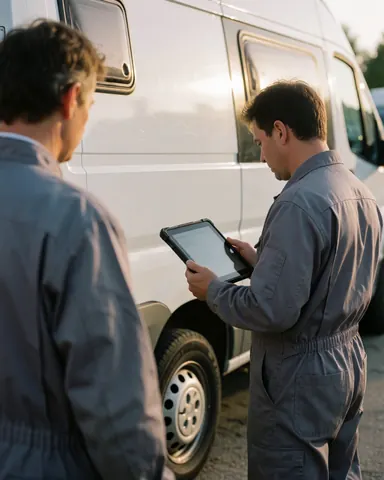 Un technicien en combinaison examine un camping-car blanc à l'aide d'une tablette, avec un client à ses côtés, lors d'une réparation en extérieur au coucher du soleil