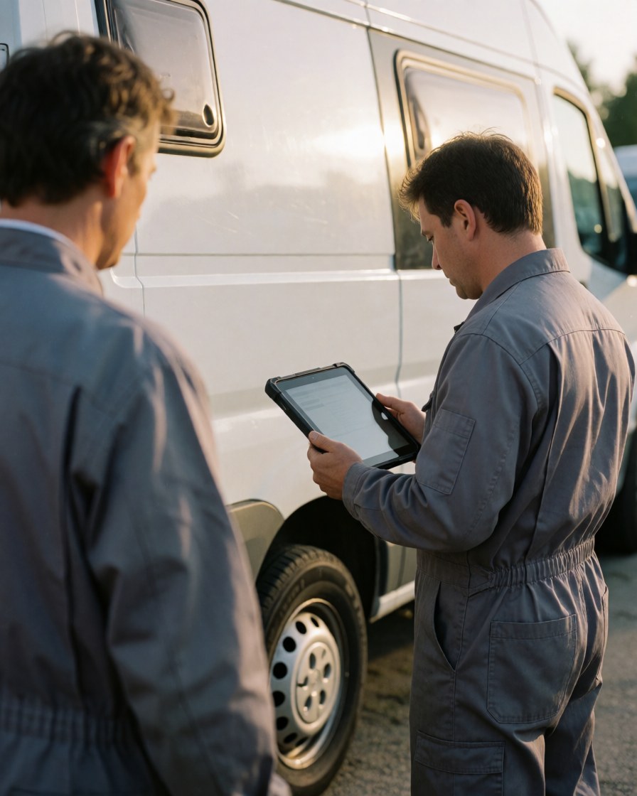 Un technicien en combinaison examine un camping-car blanc à l'aide d'une tablette, avec un client à ses côtés, lors d'une réparation en extérieur au coucher du soleil