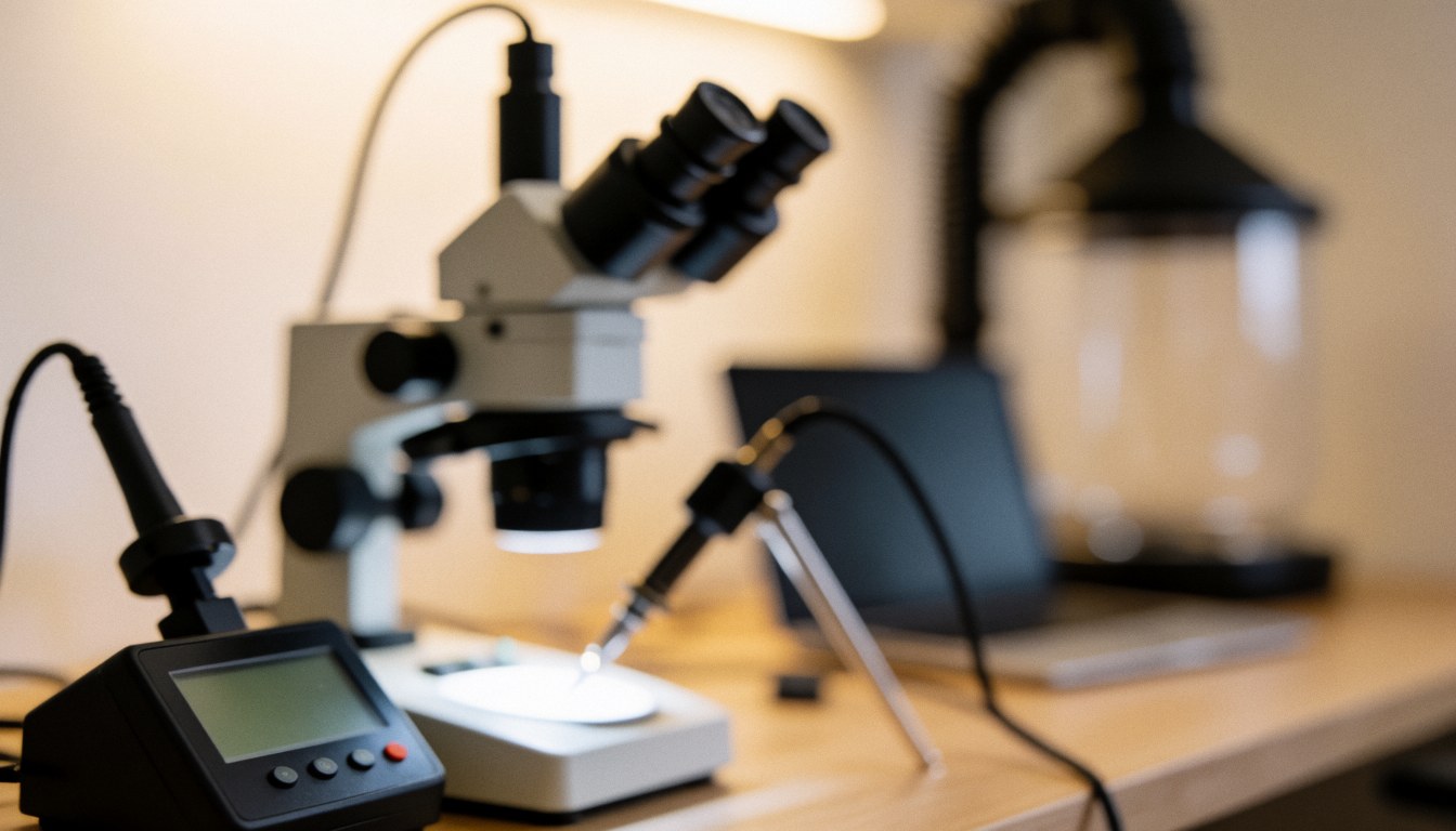 Fond de travail avec microscope numérique, station de soudure et extracteur de fumées dans un atelier de réparation de téléphones, éclairage chaud et professionnel.