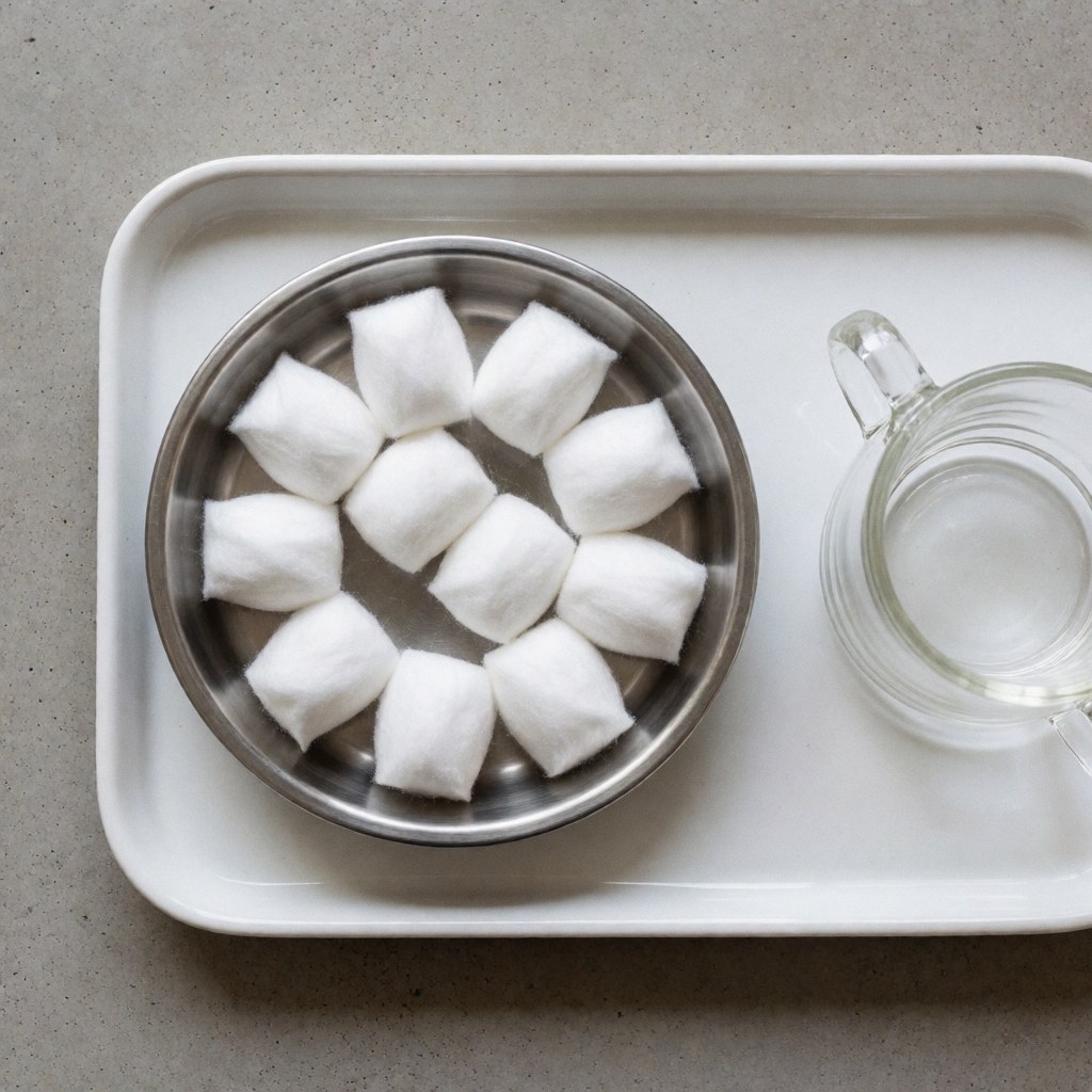 Des cotonettes humides placées dans un contenant en métal posé sur une assiette blanche, accompagnées d'un verre en verre, destinées à un massage avec ventouses.