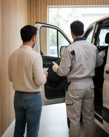 Technicien en uniforme et client tenant un téléphone portable près d'une camionnette ouverte dans un espace aux murs en bois et à la lumière naturelle.
