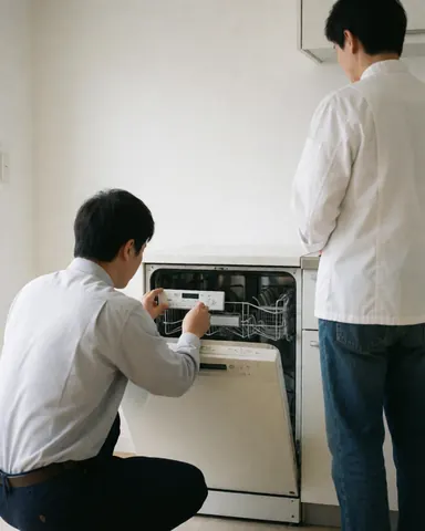 Un technicien examine le panneau de contrôle d'un lave-vaisselle ouvert dans une cuisine moderne tandis qu'un client observe.