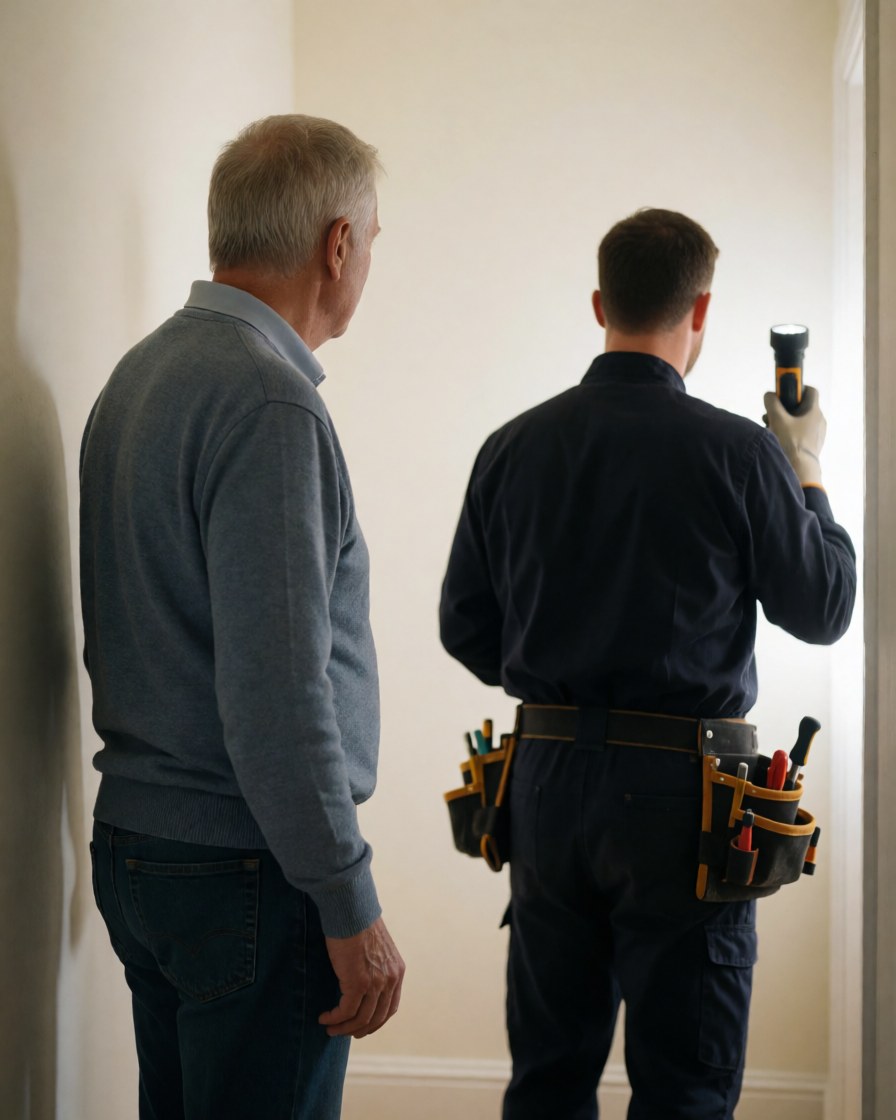 Un client observe un plombier équipé d'une ceinture à outils et d'une lampe de poche dans un couloir aux murs crème.