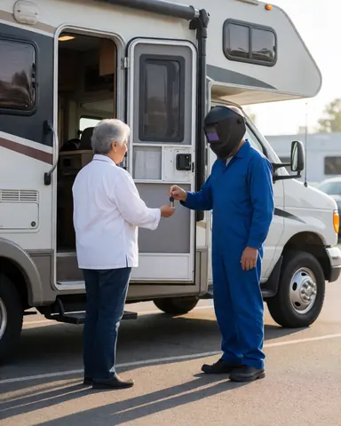 Mécanicien en uniforme bleu et casque de soudage remet les clés à un client devant un camping-car ouvert dans un parking en extérieur.