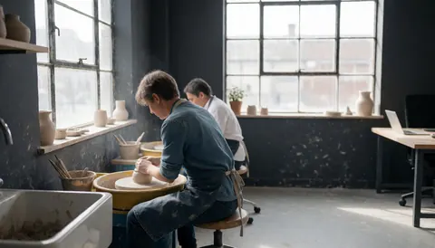 Une personne travaille dans un atelier de céramique, modelant de l'argile sur un tour avec des murs gris et des fenêtres industrielles.