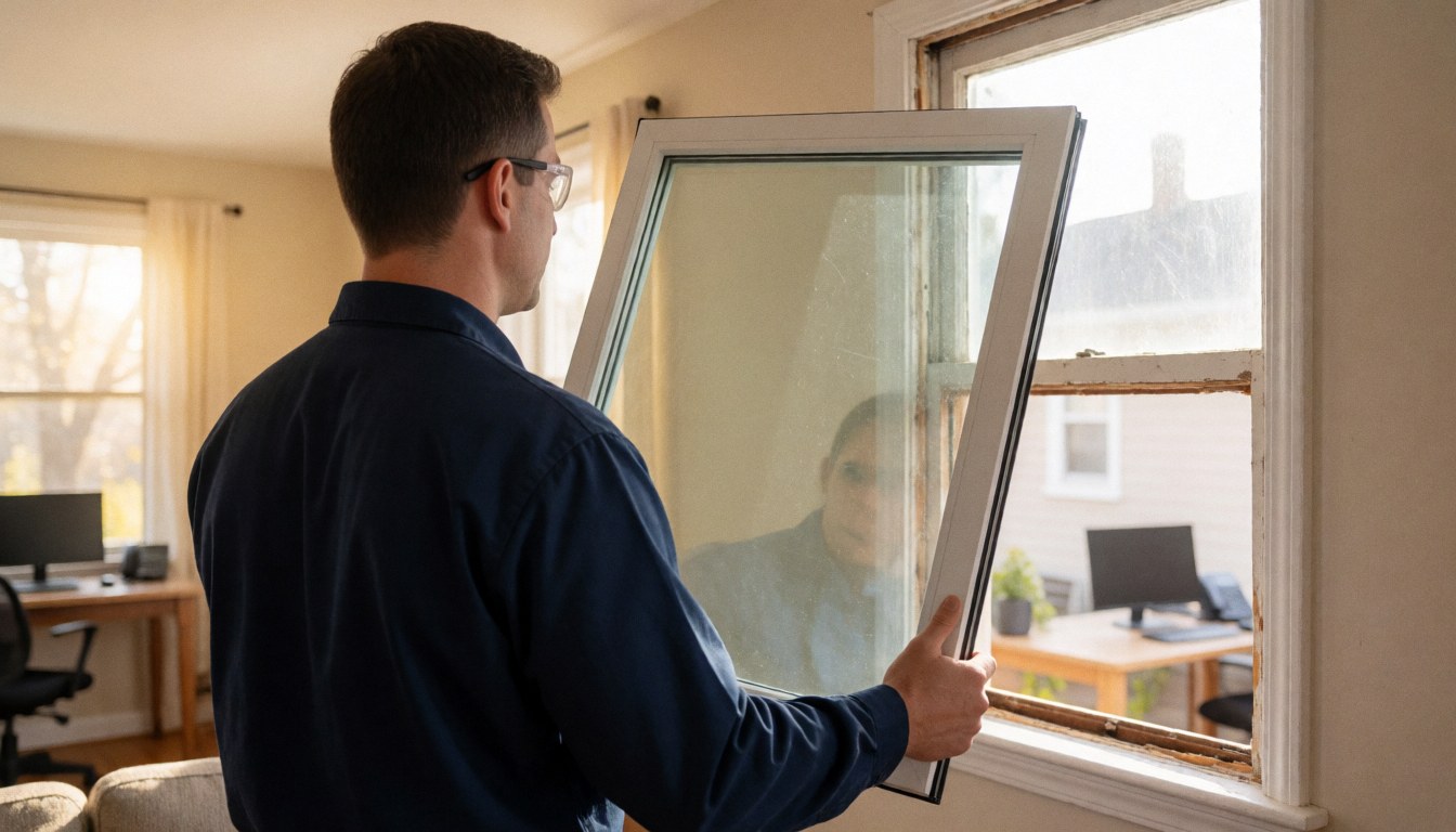 Un technicien pose une fenêtre à double vitrage dans une maison baignée de lumière naturelle, montrant le cadre blanc et l'ancienne fenêtre retirée.