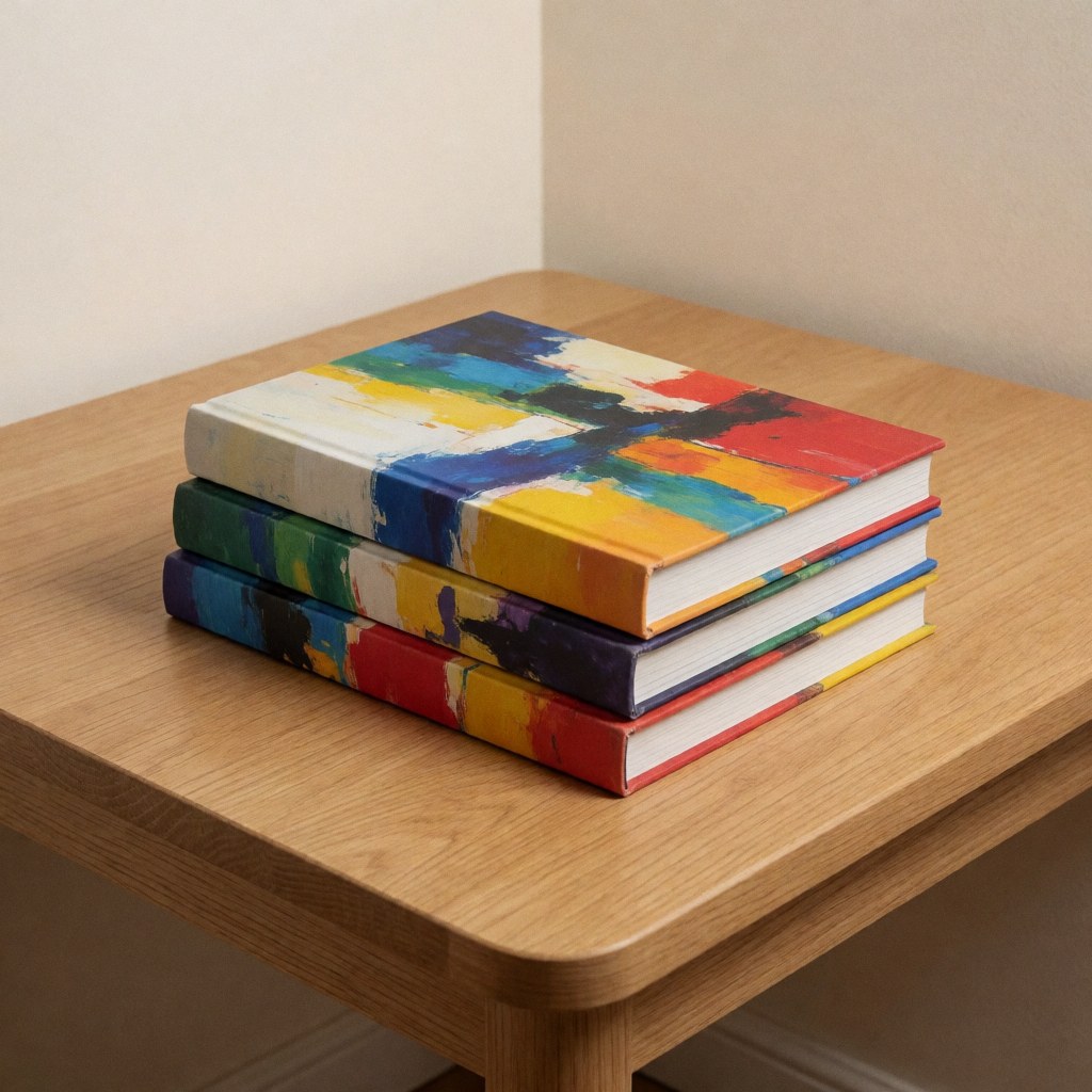 Trois livres aux couvertures artistiques posés sur une table en bois clair, avec des murs beige en arrière-plan, idéal pour illustrer un cours d'espagnol.
