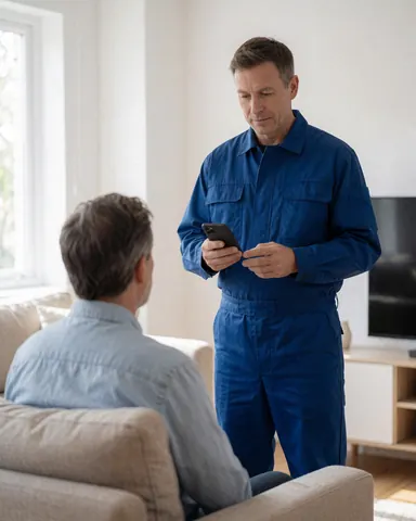 Un technicien en uniforme bleu présente des informations sur son smartphone à un client assis sur un canapé beige dans un salon moderne éclairé par la lumière naturelle.