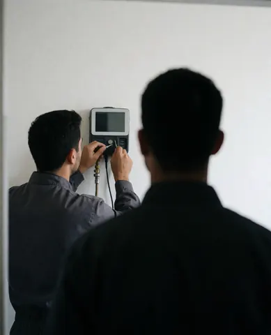 Technicien en train de régler un thermostat pendant qu'un client observe la scène de réparation de chauffage.