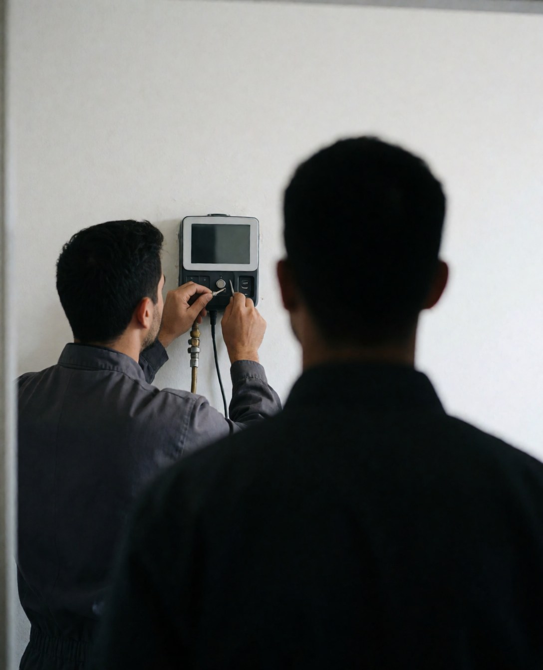 Technicien en train de régler un thermostat pendant qu'un client observe la scène de réparation de chauffage.