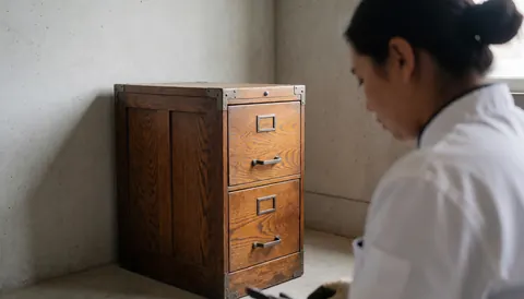 Armoire en bois restaurée avec des finitions en métal vieilli, vue détaillée du meuble dans un atelier avec murs en béton et éclairage naturel.