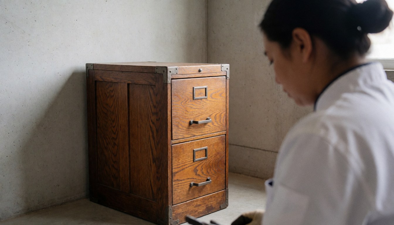 Armoire en bois restaurée avec des finitions en métal vieilli, vue détaillée du meuble dans un atelier avec murs en béton et éclairage naturel.