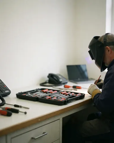 Un technicien portant un masque de soudage travaille à une table remplie d'outils de réparation dans un atelier bien éclairé et ordonné.
