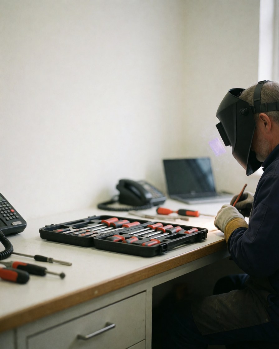 Un technicien portant un masque de soudage travaille à une table remplie d'outils de réparation dans un atelier bien éclairé et ordonné.