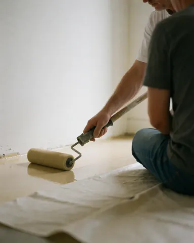 Installateur de sols en liège appliquant un revêtement avec un rouleau sur un sol scellé, client assis sur une protection, mur blanc.