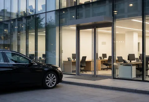 Une voiture de luxe stationnée devant un immeuble de bureaux contemporain avec des portes vitrées et des espaces de travail lumineux à l'intérieur.