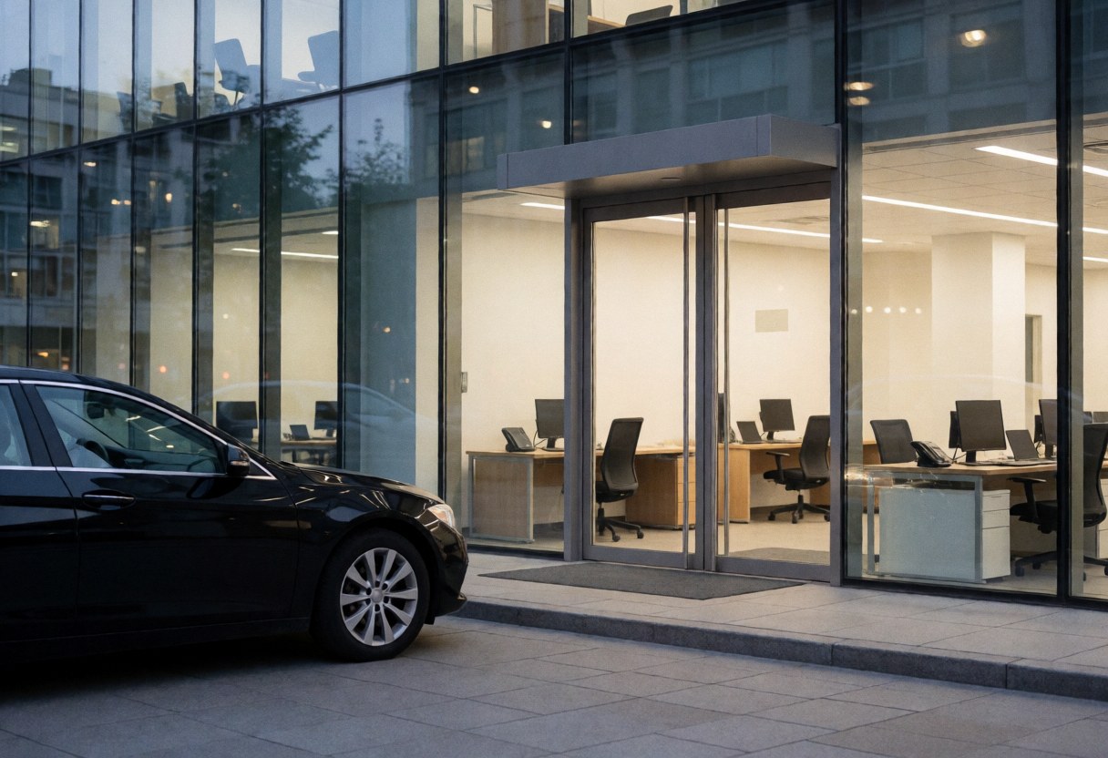 Une voiture de luxe stationnée devant un immeuble de bureaux contemporain avec des portes vitrées et des espaces de travail lumineux à l'intérieur.