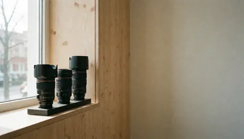 Trois objectifs de caméra posés sur un support devant une fenêtre avec lumière naturelle, murs en bois clair, idéal pour la couverture d'un studio photo.