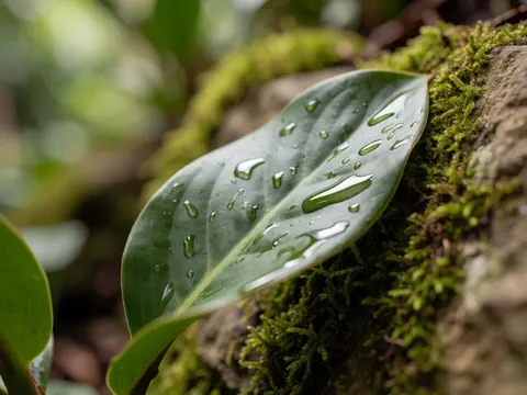 Gros plan d'une feuille andine parsemée de gouttes d'eau, posée sur une pierre couverte de mousse, créant une texture naturelle et un fond flou idéal pour un contexte de zoo.