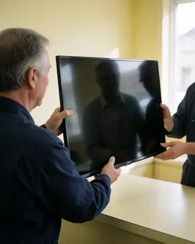 Un technicien en uniforme noir remet un téléviseur réparé à un client dans un atelier aux murs jaunes éclairé par la lumière naturelle.