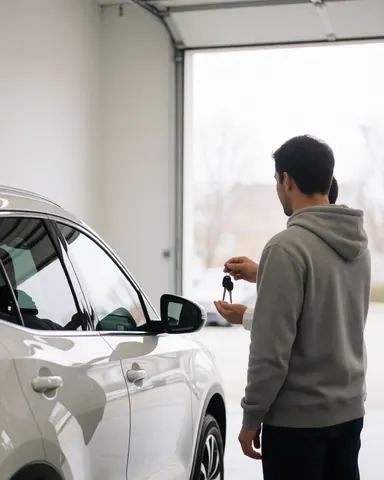 Un client reçoit les clés de son SUV blanc dans un garage professionnel aux murs blancs, baigné de lumière naturelle.