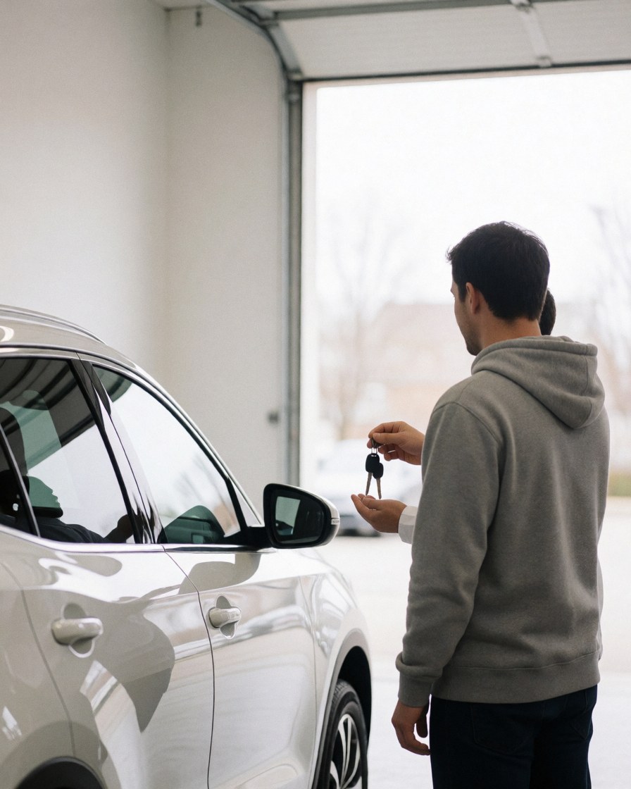 Un client reçoit les clés de son SUV blanc dans un garage professionnel aux murs blancs, baigné de lumière naturelle.
