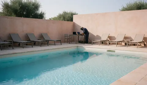 Une personne effectue des travaux dans la zone d'une piscine publique, entourée de transats et de murs en terre cuite sous la lumière du matin.