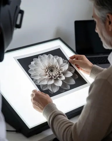 Cliente tenant une épreuve photo macro, évaluant la qualité du travail dans un environnement de studio professionnel avec éclairage de table.