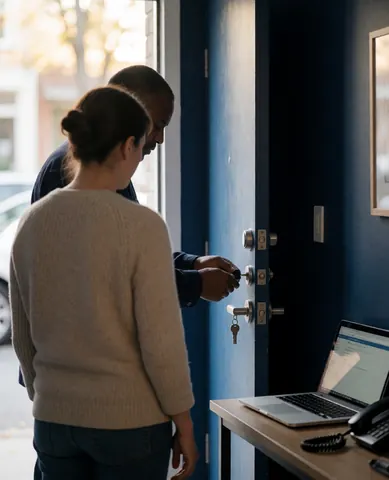 Un technicien en serrurerie teste une serrure avec une clé tandis qu'un client observe. Un bureau avec un ordinateur portable et un téléphone est visible devant un mur bleu foncé.