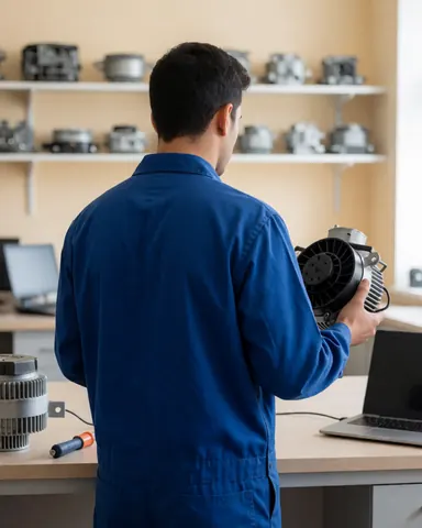 Technicien en réparation de réfrigérateurs avec un nouveau moteur, des étagères remplies de pièces, un environnement professionnel et ordonné.