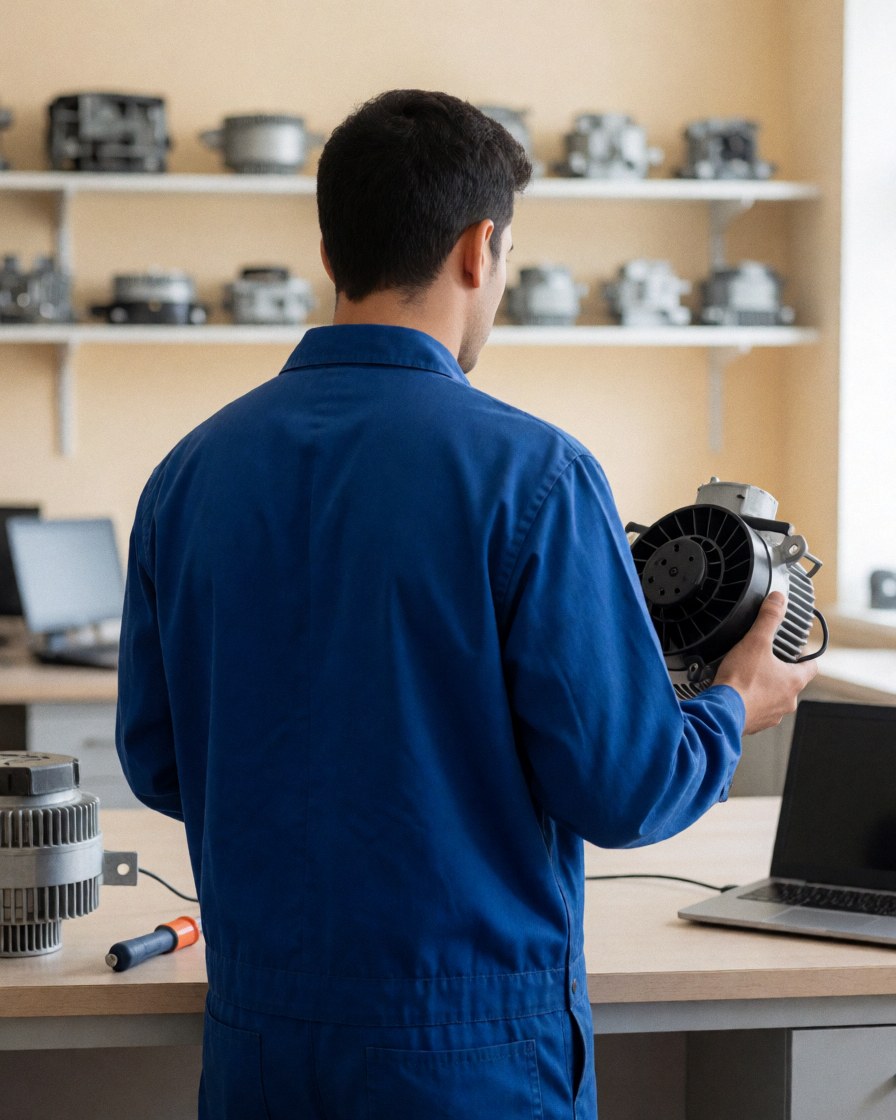 Technicien en réparation de réfrigérateurs avec un nouveau moteur, des étagères remplies de pièces, un environnement professionnel et ordonné.