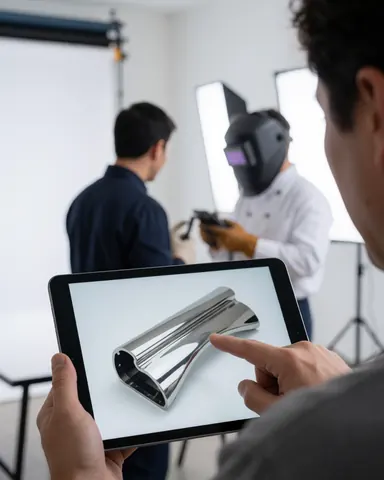 Une cliente vérifie l'image d'une pièce métallique sur une tablette dans un studio avec fond blanc et éclairage professionnel.